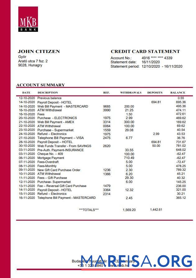 Blank Hungary MKB bank statement word example